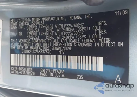 2010 Toyota Sienna Xle z USA, uszkodzony, nr VIN 5TDYK4CC2AS337620